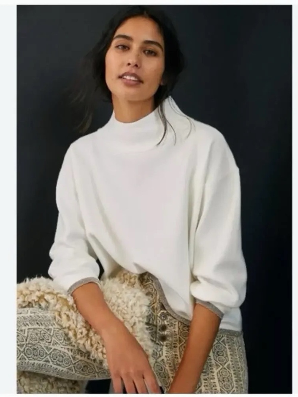 Anthropologie Maeve Carys Mock Neck White Sweater with Metallic Accents Size XS